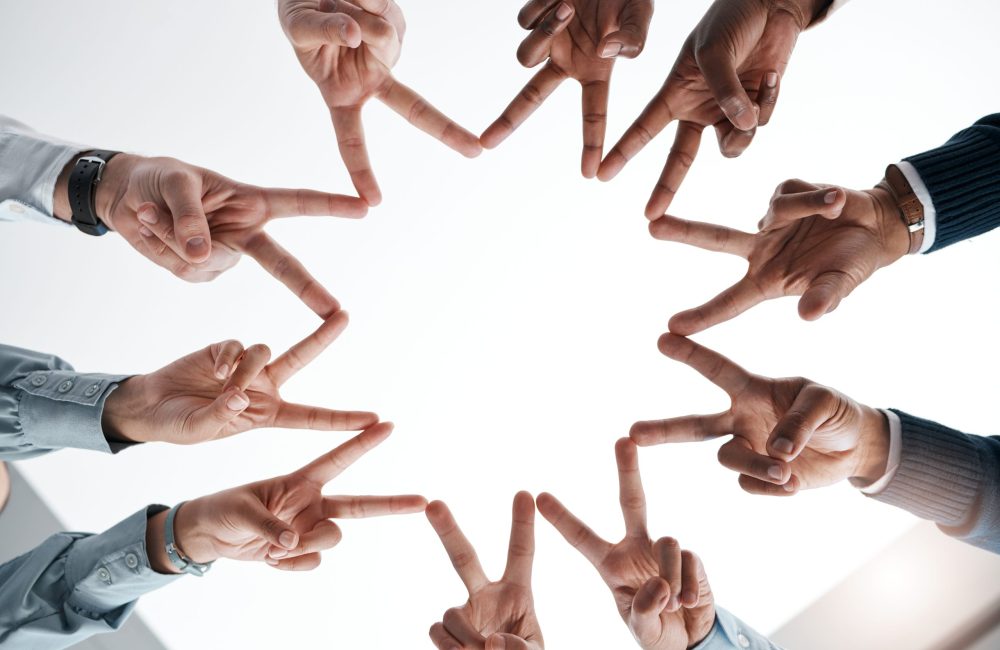 Group, hands and fingers do sun for peace, solidarity and diversity in team at business. Teamwork, .